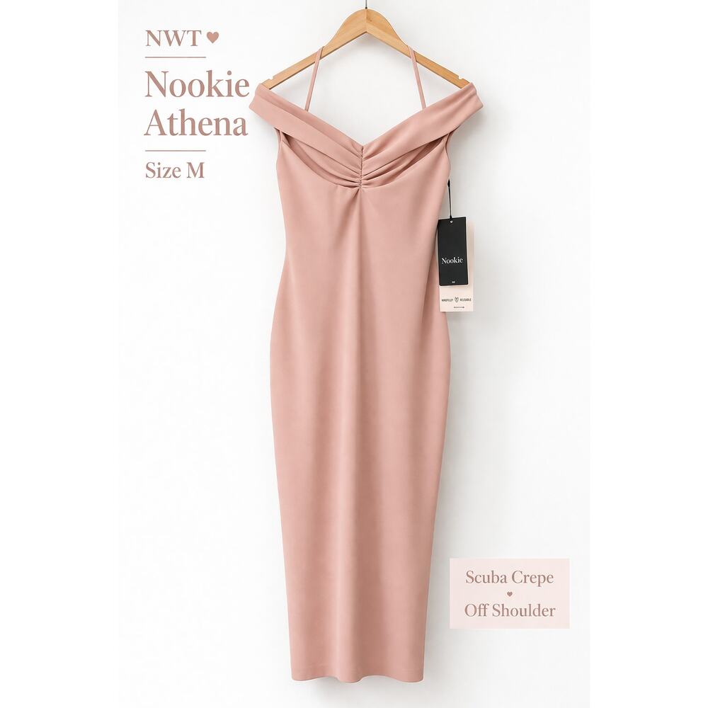 Nookie Athena Off Shoulder Midi Dress Scuba Crepe Blush Pink Medium NWT